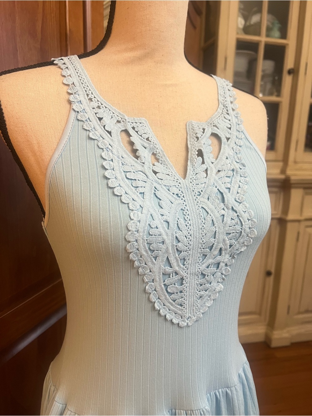 Sleeveless Light Blue Crochet-Front Mini Dress - Picture 2 of 8